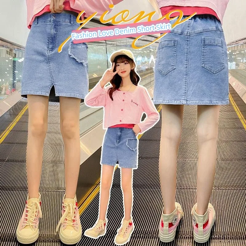 Джинсовая юбка для девочек 4-14 лет Модная молодежная с потертостями и любовным