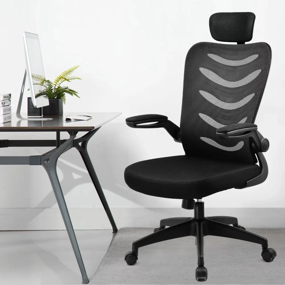 

Rolling Computer Chair Padded Seat Height Adjustable with High Back Headrest Flip-Up Armrests Home Office