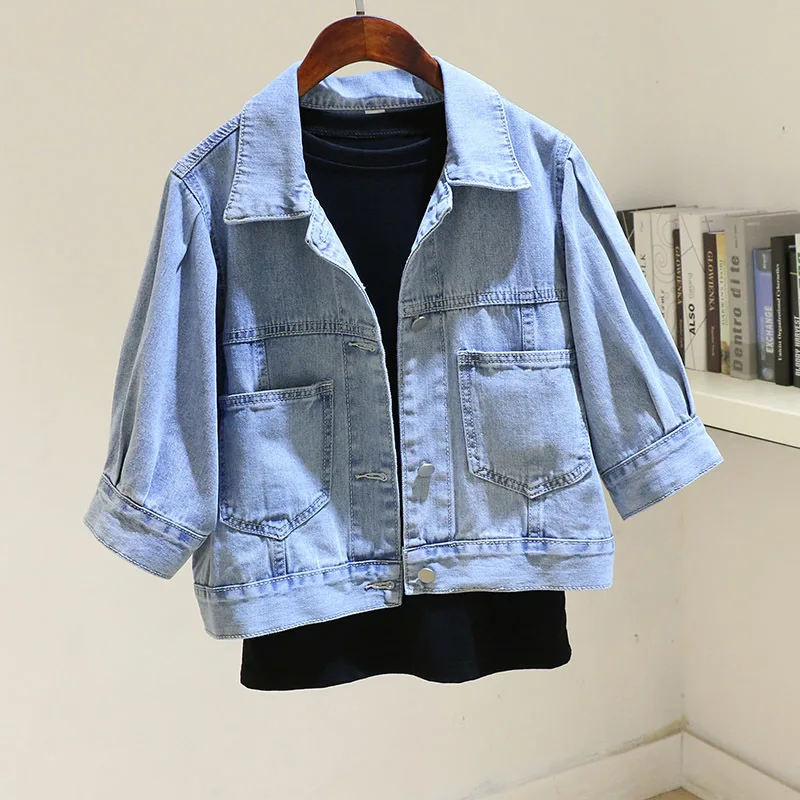 

Spring Autumn Vintage Blue Big Pocket Denim Jacket Women Korean Loose Short Cowboy Outwear Half Sleeve Jeans Jacket Coat Female