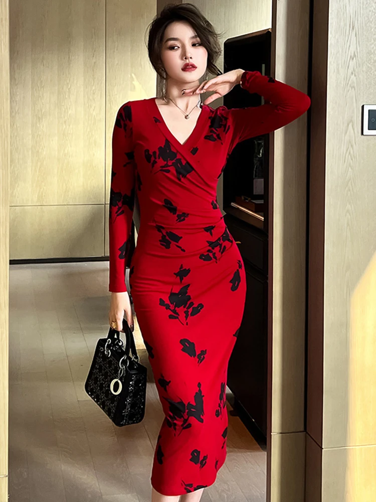 

Spring Autumn Elegant Women Dress Vintage Casual Red Print V-Neck Bodycon Midi Party Street Robe Femme Stretchy Mujer Vestidos