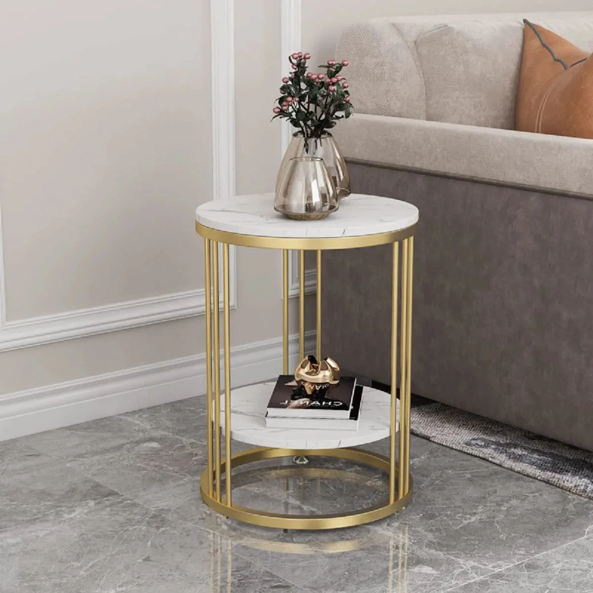 

Round Marble Accent Table End 2 Tiers Storage Table Gold Metal Frame Nightstand for Living Room, Bedroom