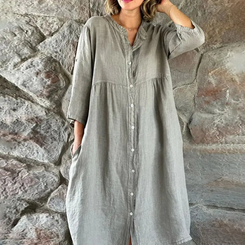 

Casual Dress 3/4 Sleeve Shirt Dress Single-breasted Pocket High Waist Women Dress Solid Color Oversized Midi Dress Streetwear