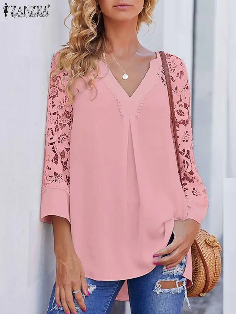 

Элегантная Женская Осенняя блузка с разрезом на Подоле и V-образным вырезом, свободные женские блузки с рукавом 2022, повседневные туники ZANZEA, ...