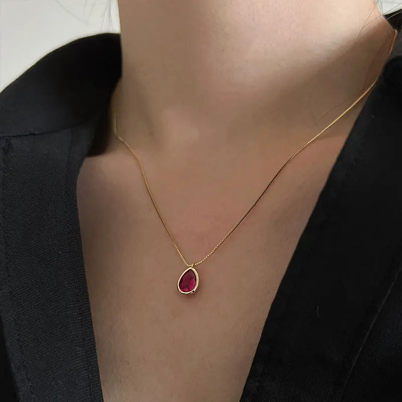 Silvology Real 925 Sterling Silver Water Drop Red Corundum Pendant Necklace for Women Natural Stone Minimalist Luxury Jewelry