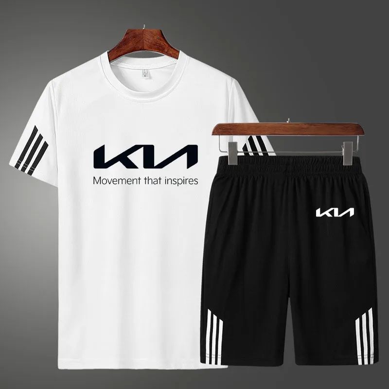

High Quality Fashion Men's T-shirt New KIA Car Logo Printing Summer Casual Cotton Men's short sleeve + shorts two-piece suit