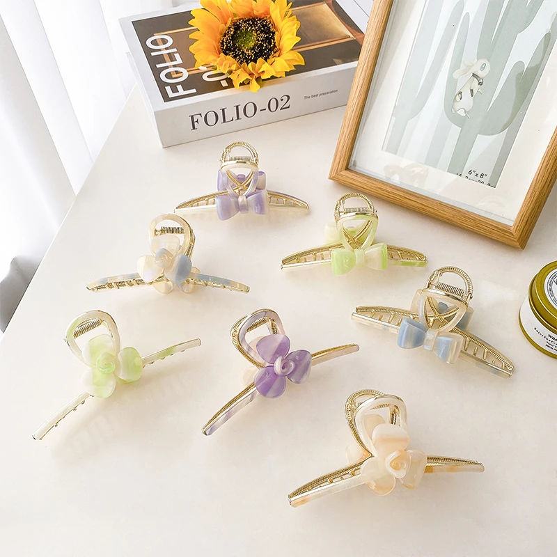 

New Korean Fashion 11cm Large Alloy Hair Claw Clips High-End Sense Cross Bowknot Flower Shark Clip For Woman Girls