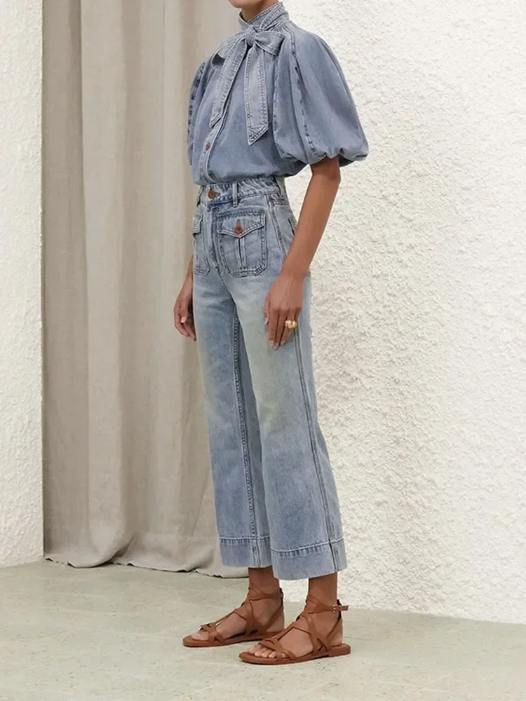 Элегантная женская джинсовая рубашка с пузырьковыми рукавами и бантом