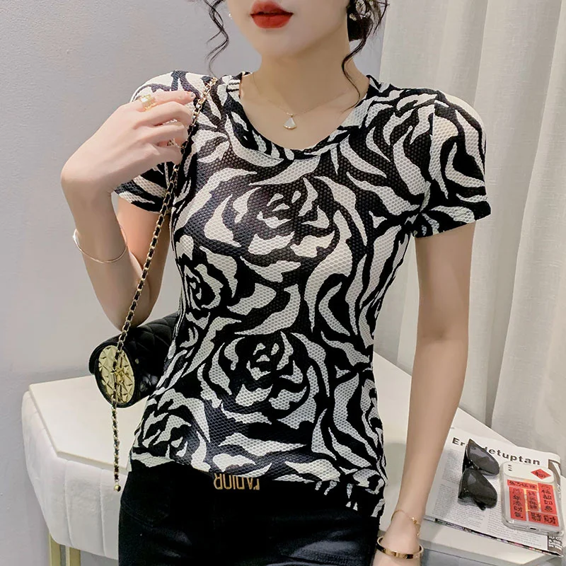 

#6206 Summer Short Sleeve T Shirt Women Flower Printed T-shirt Female O-neck Korean Fashion Short T Shirt Femme Sexy Streetwear
