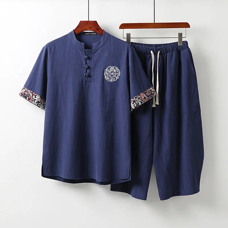 

Linen Short Sleeve Suit Men's Summer Thin BuckleTT-shirt Trendy Chinese Style Men's Cotton and Linen Retro Stand Collar Two-Piec