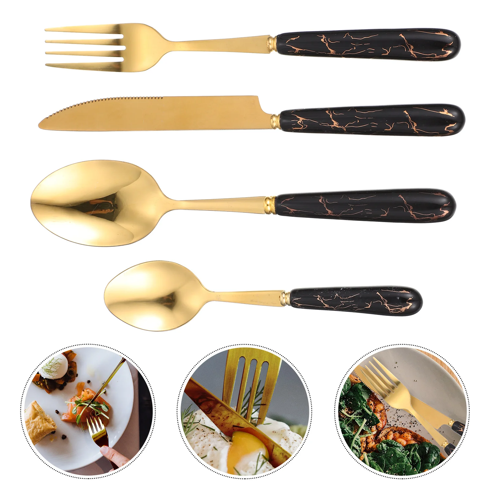 

Set Cutlery Stainless Steak Spoons Steel Dinner Fork Silverware Tableware Utensils Flatware Spoon Serving Gold Eating Kitchen