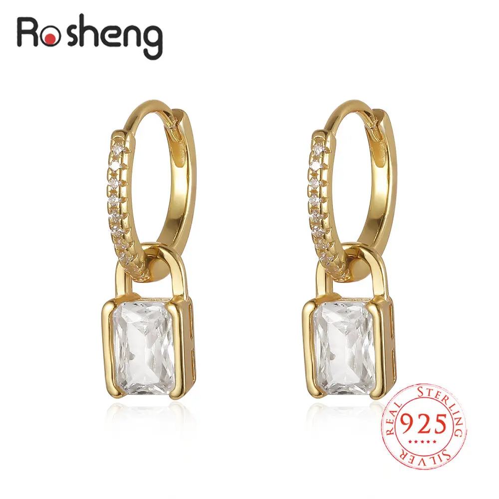 

Creative Sterling Silver 925 Square Crystals CZ Pendant Hoop Earrings for Women Dazzling Stone Jewelry Pendientes plata Charms