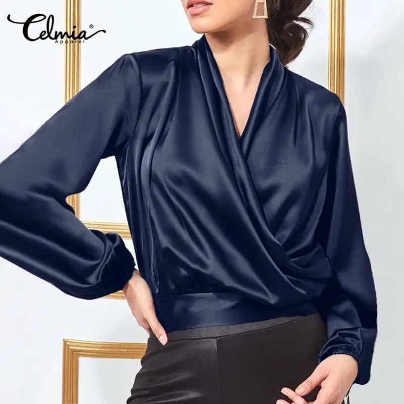 

Celmia 2022 Fashion Satin Wrap Blouses Long Puff Sleeve Elegant Women Shirts Pleated Waist Sexy V Neck Blusas Office Short Tops