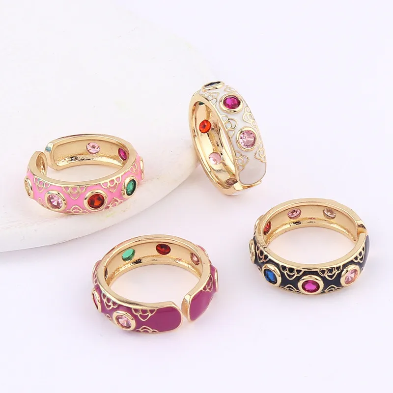 

European And American Retro Bohemian Style Colored Cubic Zircon Drip Oil Opening Adjustable Copper Ring Jewellery For Women