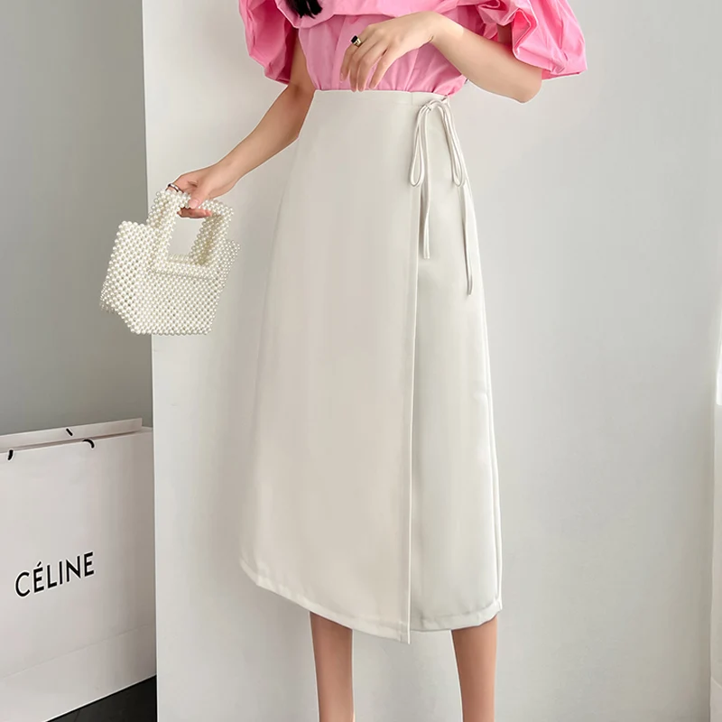 

Юбка-миди с завышенной талией для женщин, весна-лето 2023, цельная юбка с запахом на шнуровке, однотонная элегантная Офисная Женская трапециевидная длинная юбка