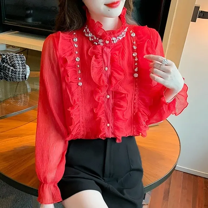 

Ruffled Chiffon Shirt for Women Spring and Autumn New Heavy Industry Beads Top for Ladies Design Sense Niche Super Fairy Shirt
