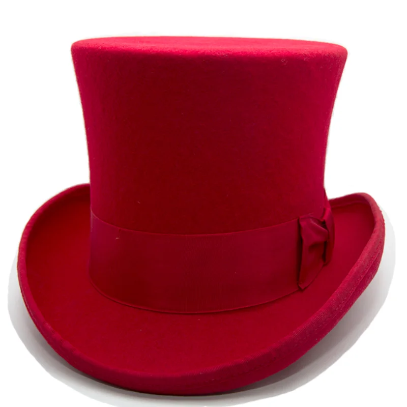 Red 18cm High Top Cylinder Hat Wool Felt Flat-crowned Hats Steampunk Costume Sombrero Bowler Hoeden for Women Lady Girl Toppper