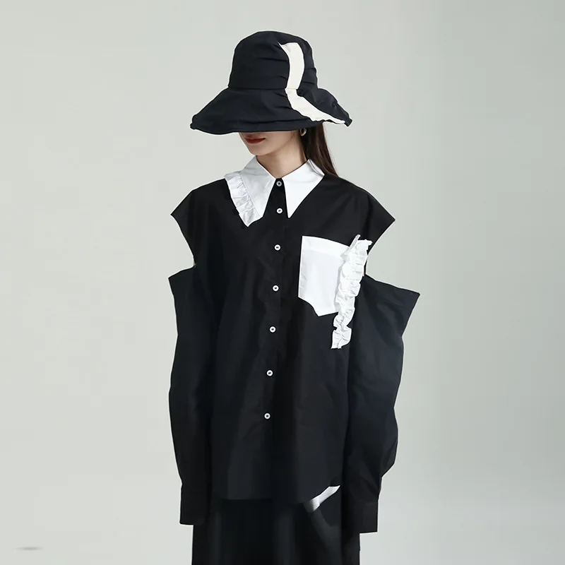 

Women Trendy Spliced Long Sleeve Off The Shoulder Black Shirt Tops 2023 Spring Women Japan Streetwear Hip Hop Gothic Blouse 3898