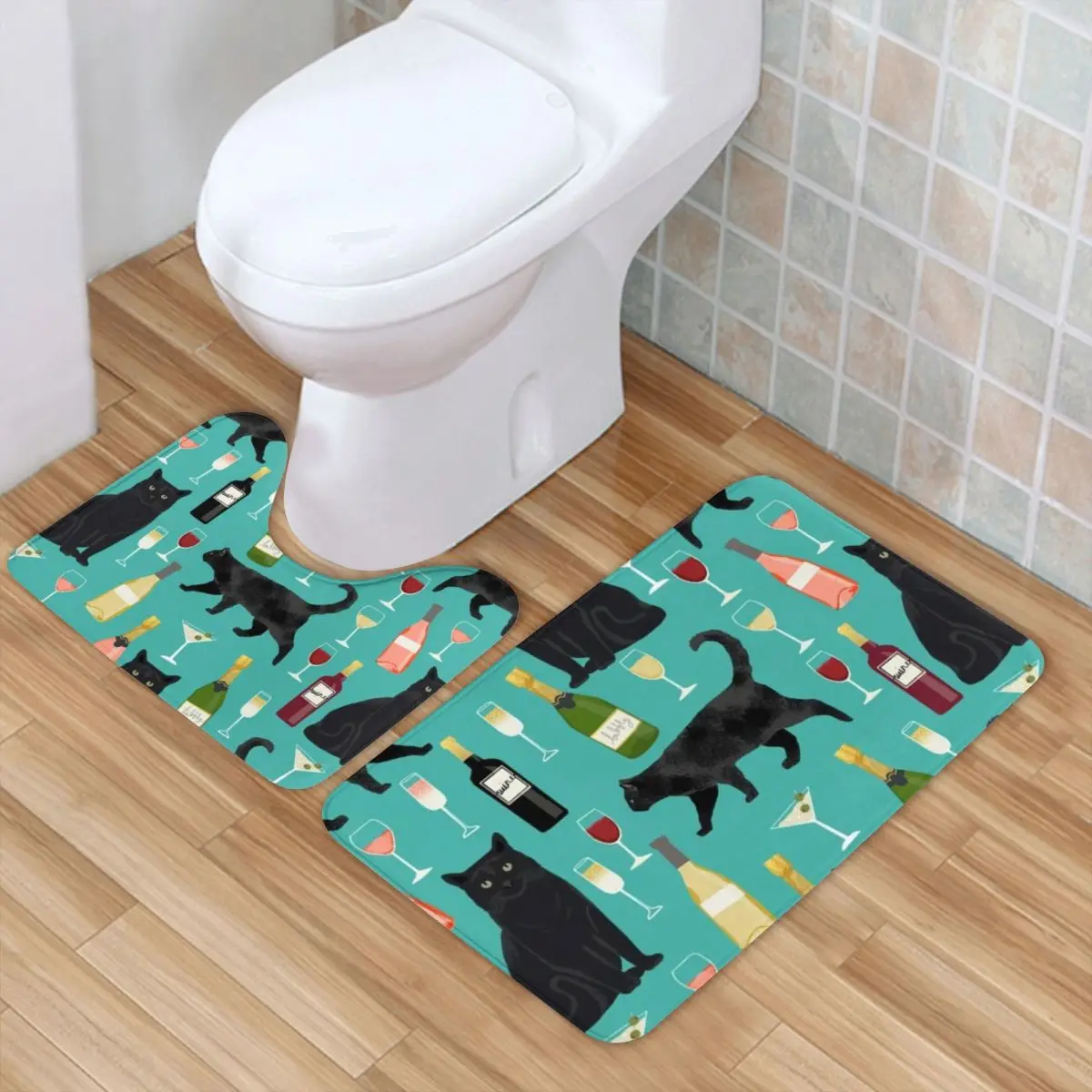 

Цветной Винный яркий смешной черный Кот полиэстер домашний питомец 2 шт. Набор ковриков для ванной Противоскользящий винтажный коврик для в...