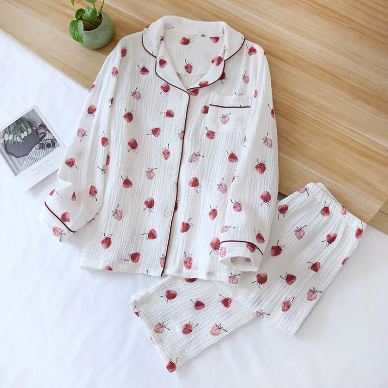 

Women Thin Cotton Pajamas Double-layer Gauze Long Sleeved Pijamas Loose Comfort Shein Clothing Ensemble Femme 2 Pièces Sleepwear