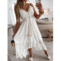 women dress 2022 summer fashion elegant lace off shoulder sling sling dress solid color v neck spaghetti straps lace party dress