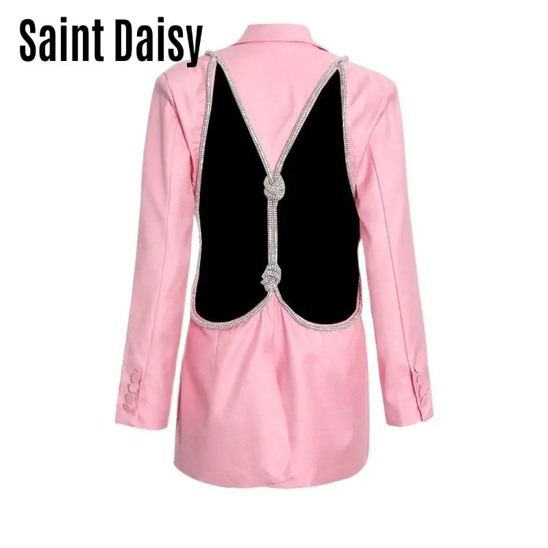 SaintDaisy Women's Coat Spring 2022 Pink Green Patchwork Transparent Jacket Formal Cotton Backless Single Button V-Neck 99698