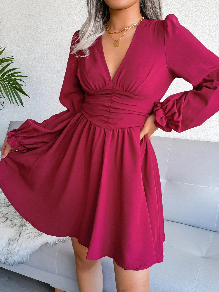 

Ladies Sexy Deep V Neck Mini Dress Lantern Sleeves Solid Belt Party A-Line Dress Office Ladies Vintage Dress Casual Dresses Robe