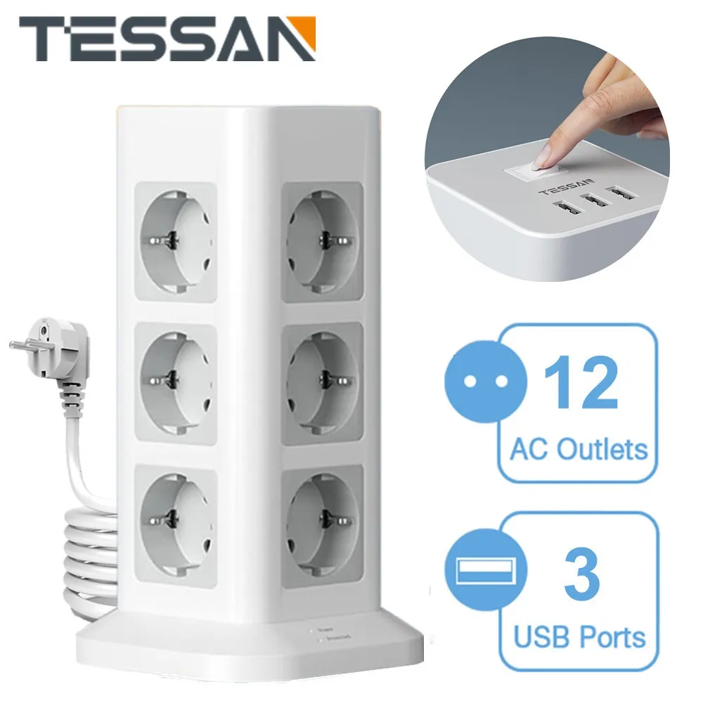 

TESSAN Vertical Power Strip Tower Multi Outlets with USB 2M Extension Cable EU KR Plug Electric Socket Surge Protection for Home