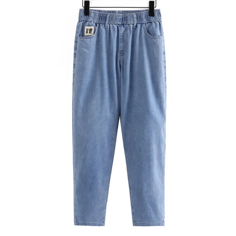 

Plus Size Women Jeans Oversized Curve Clothes Comfort Elastic Waist Stylish Pocket Labeling Thin Denim Harem Pants Summer 2023