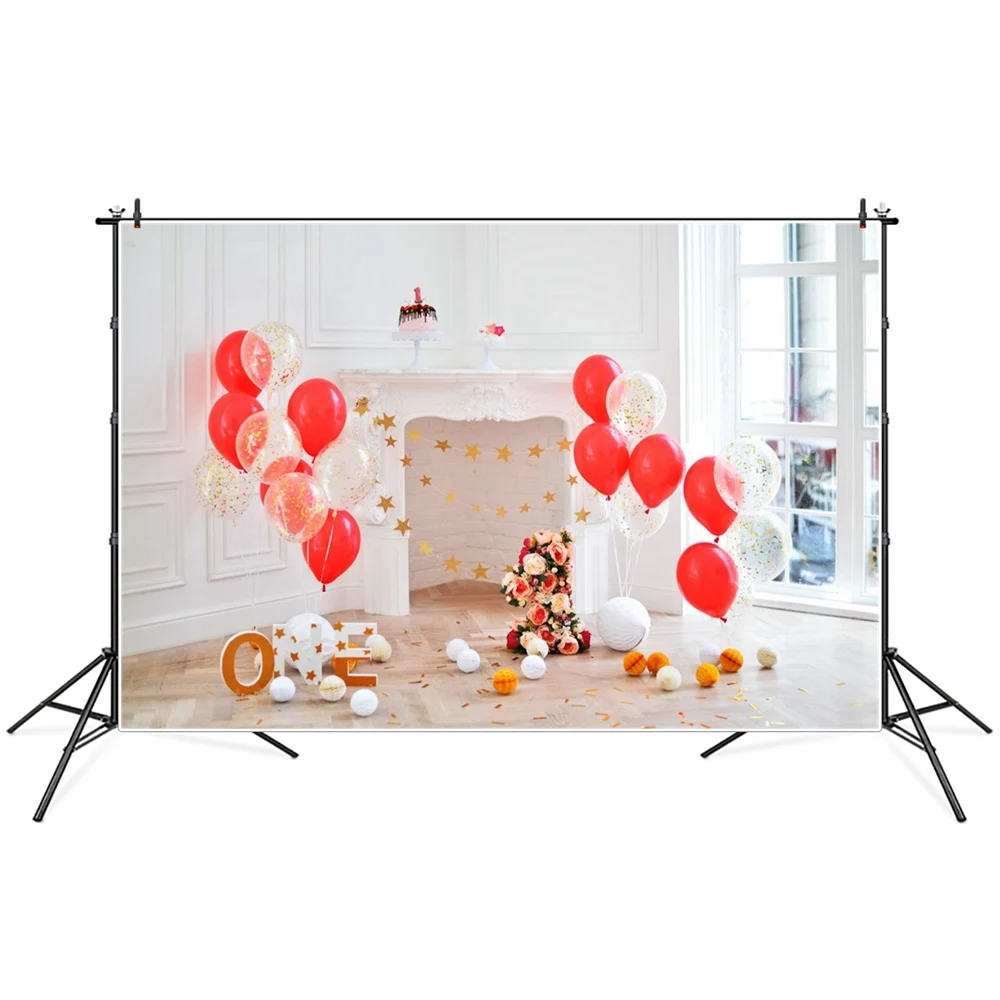 

1st Birthday Photography Backgrounds Newborn Baby Golden Glitter Red Balloons Cake Fireplace Kid Backdrops Photographic Portrait