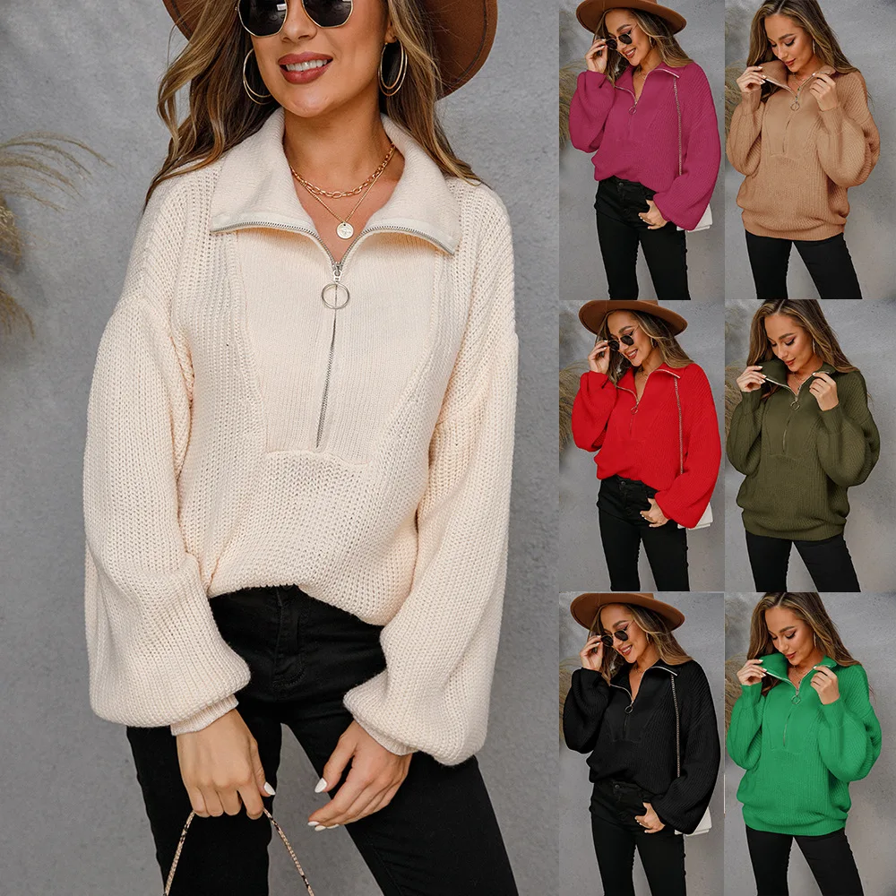 

New Women Sweater Oversize Zipper Knitted Pullover Long Sleeve Solid Color Loose Ladies Sweaters Autumn Winter Female Turtleneck