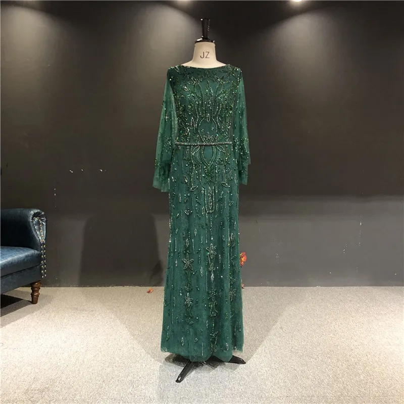 

Newest 100%Real Photos Dark Green Color Long Shawl Luxurious Hand Work Beads Mermaid Formal Prom Dance Bridal Evening Dresses