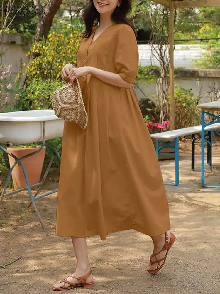 

ZANZEA 2023 Summer Solid Maxi Dresses Vintage V-neck Button Robe Casual Short Sleeve Vestidos Women Fashion Oversize Beach Dress
