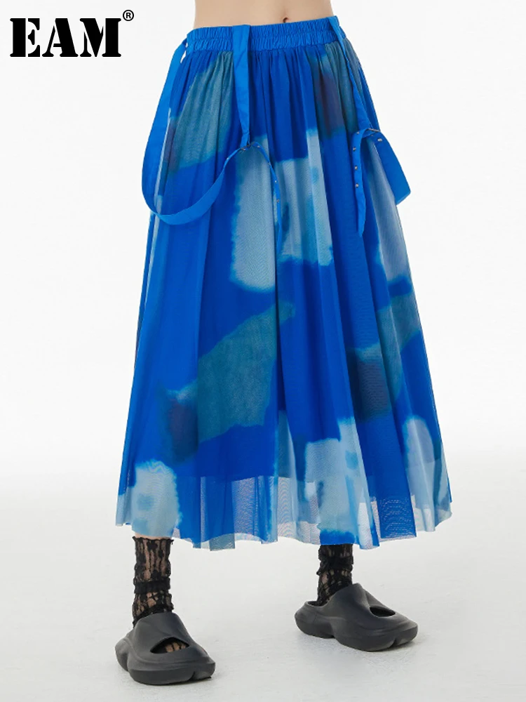 

[EAM] юбка с высокой эластичной талией, синяя, с принтом, длинная, повседневная, на ремне, на половину тела, женская, модная, новинка, весна-осень 2023, 1DE9775