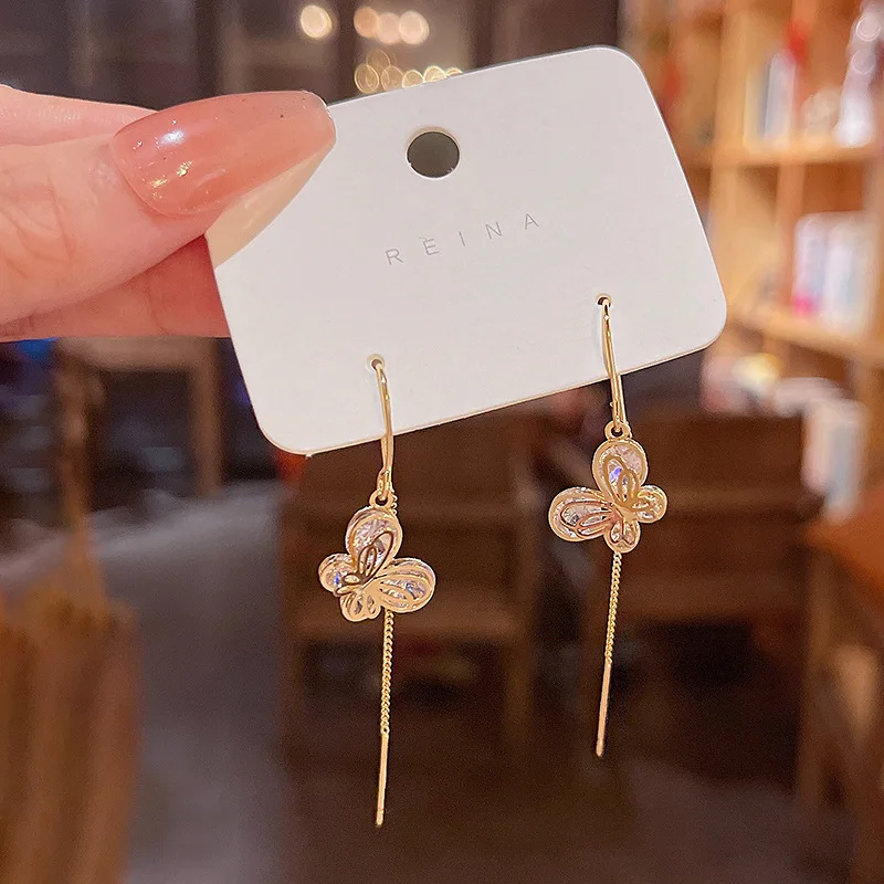 

Silver Needle Exquisite Zircon Butterfly Earrings Women's Luxury Niche Long Tassel Earline Stud Earrings for Women