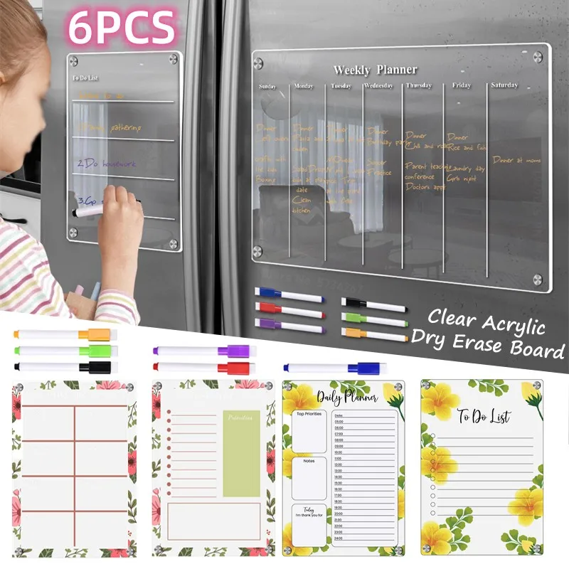 

6PCS Clear Acrylic Magnetic Calendar Board Planner Schedule Fridge Magnet Dry Erase Boards for Home School Office Message Books