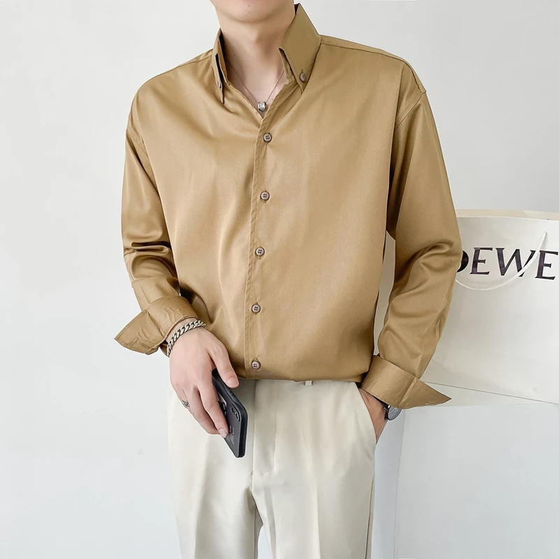 Korean Shirts for Men's 2022 Spring Solid Casual Long Sleeve Shirt High Quality Male Clothing Streetwear Loose Blouse Masculina
