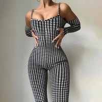 houndstooth print sexy backless off the shoulder long sleeve sling bodycon jumpsuit women 2022 summer party club wear wholesale