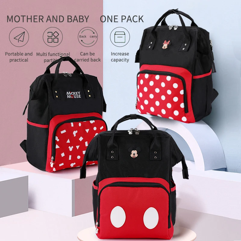 Disney-bolsas de pañales de gran capacidad para bebé, bolsa aislante para cochecito de bebé, organizador de viaje, conjunto de bolsa de pañales ligera, mochila