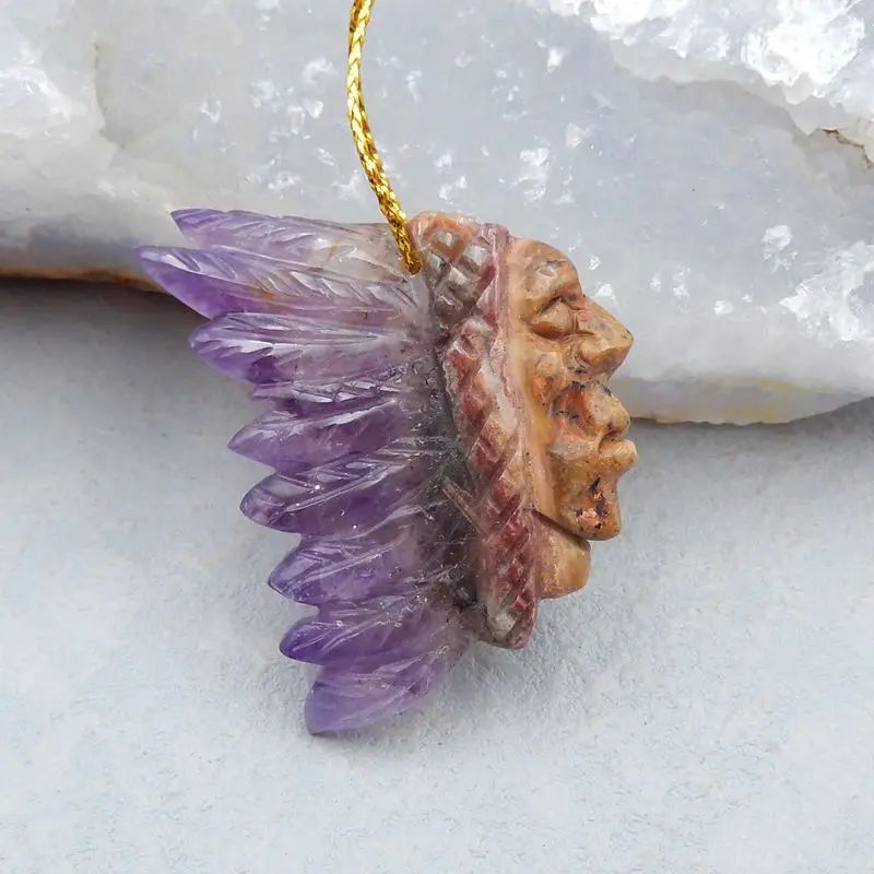 

Semiprecious Natural Stone Amethyst Carved Indian Head Pendant Bead,40x35x7mm 12g Fashion Jewelry Necklaces Accessories