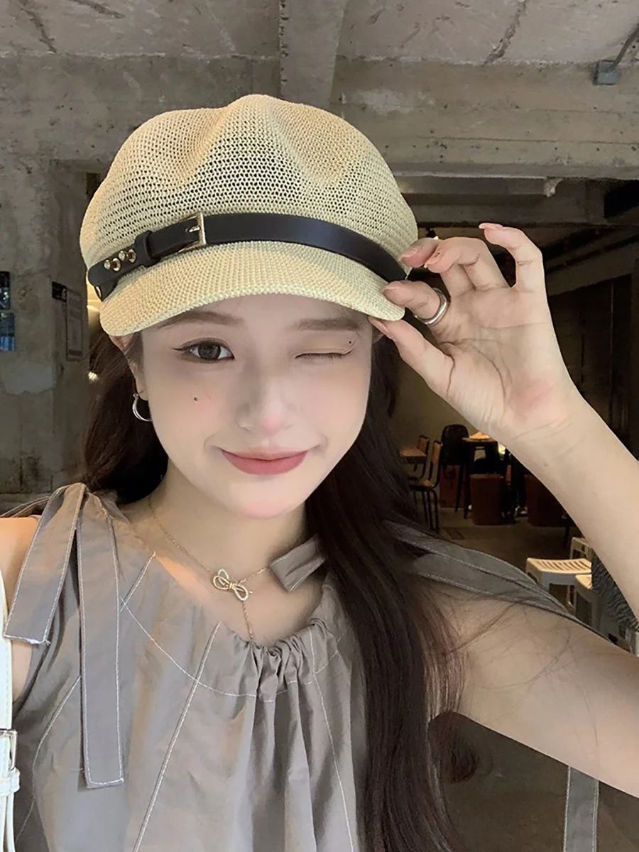 Summer Hollow Octagonal Hat for Women 2024 New Travel Versatile Sun Protection Korean Series Cricket-cap Beret