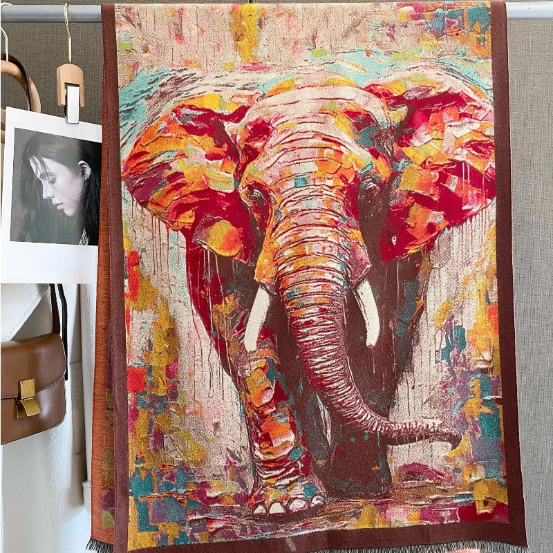 

Новый роскошный зимний кашемировый шарф с принтом животных граффити женские теплые толстые шали Пашмина модные пончо