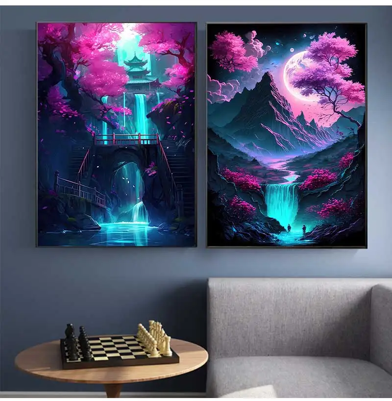 Пейзаж Настенный неоновый розового цвета Сказочная Картина на холсте в стиле