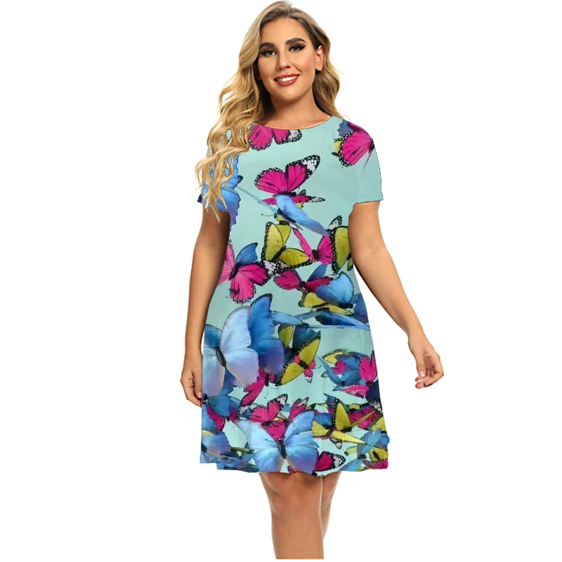 Женское платье с 3D-принтом бабочки синее повседневное пляжное средней длины лето