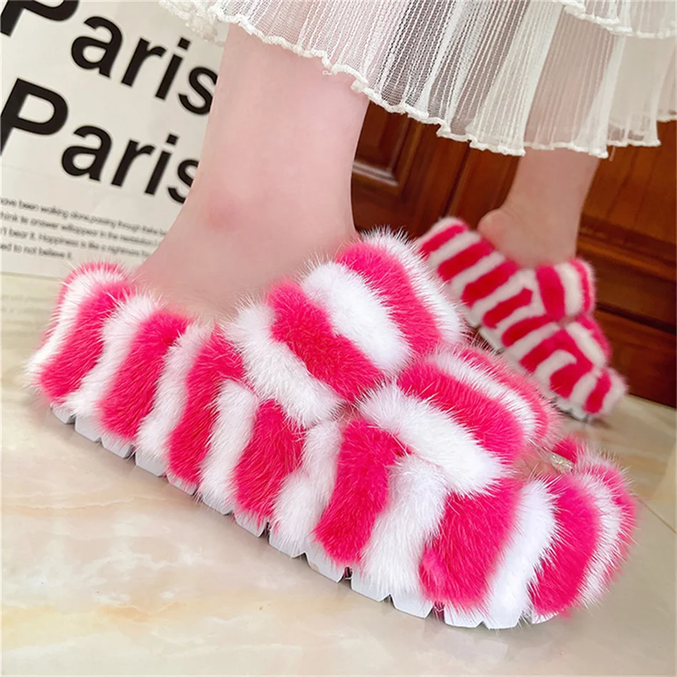 Шлепанцы женские с мехом роскошные дизайнерские сандалии Нескользящие мягкая