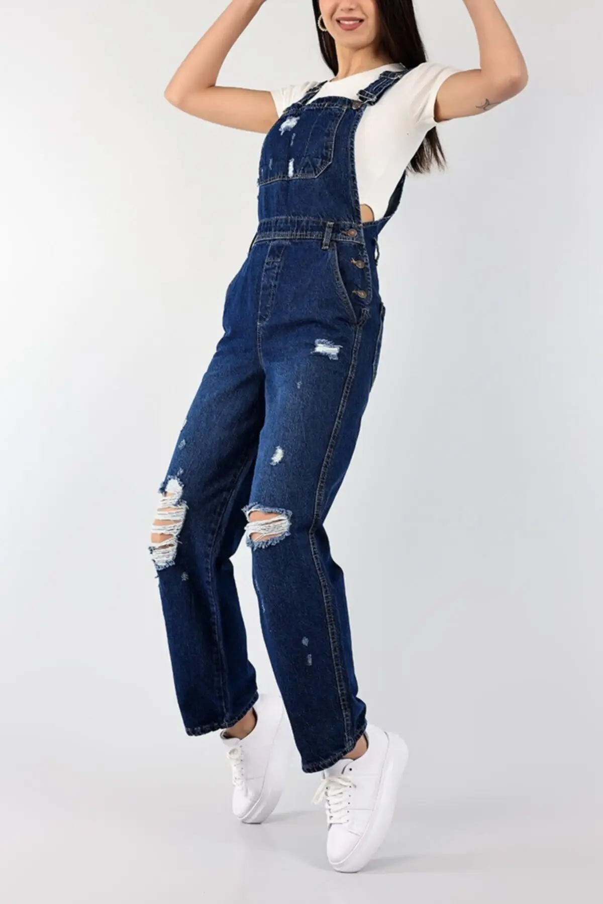 

Women's Overalls Navy Blue Laser Cut Denim Hot Style Quality Fabric Sleeveless Baggy Trousers Casual Jumpsuit