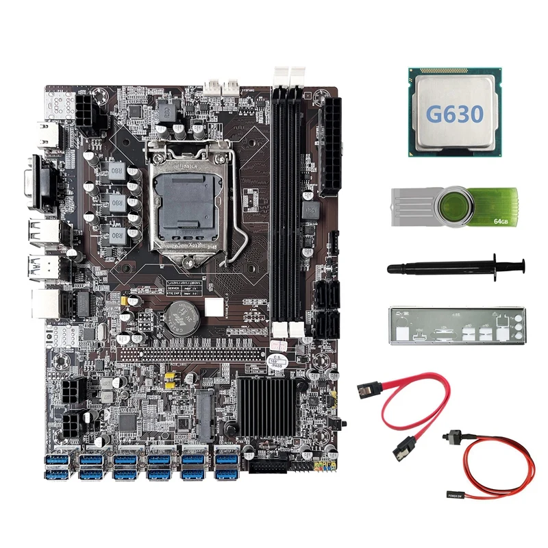 B75 ETH Mining Motherboard 12USB3.0+G630 CPU+64G USB Driver+SATA Cable+Switch Cable+Thermal Grease+Baffle For BTC Miner