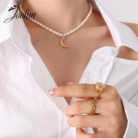 joolim jewelry pvd gold finish waterproof natural freshwater pearl moon pendant necklace stainless steel jewelry wholesale