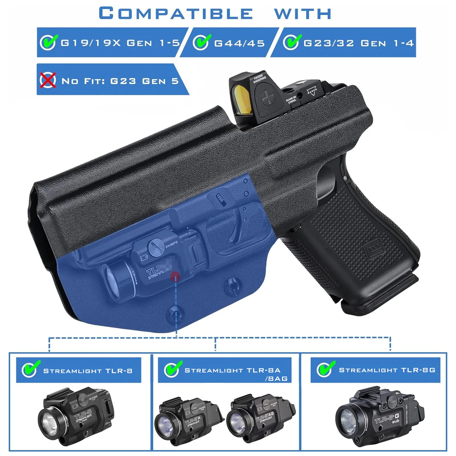 Кобура IWB Kydex для Glock 19 23 25 32 44 45 с тактическим фонариком Streamlight TLR-8 8A 8G внутренним
