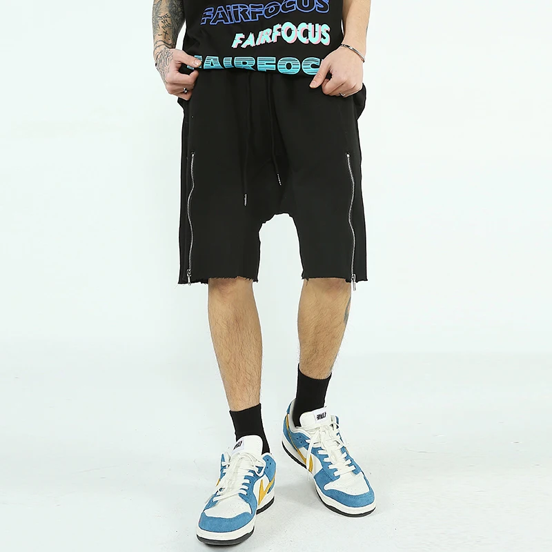 

Front Zipper Joggers Pockets Streetwear Summer Shorts for Mens Elastic Waist Solid Color Retro Knee Length Pants Oversized