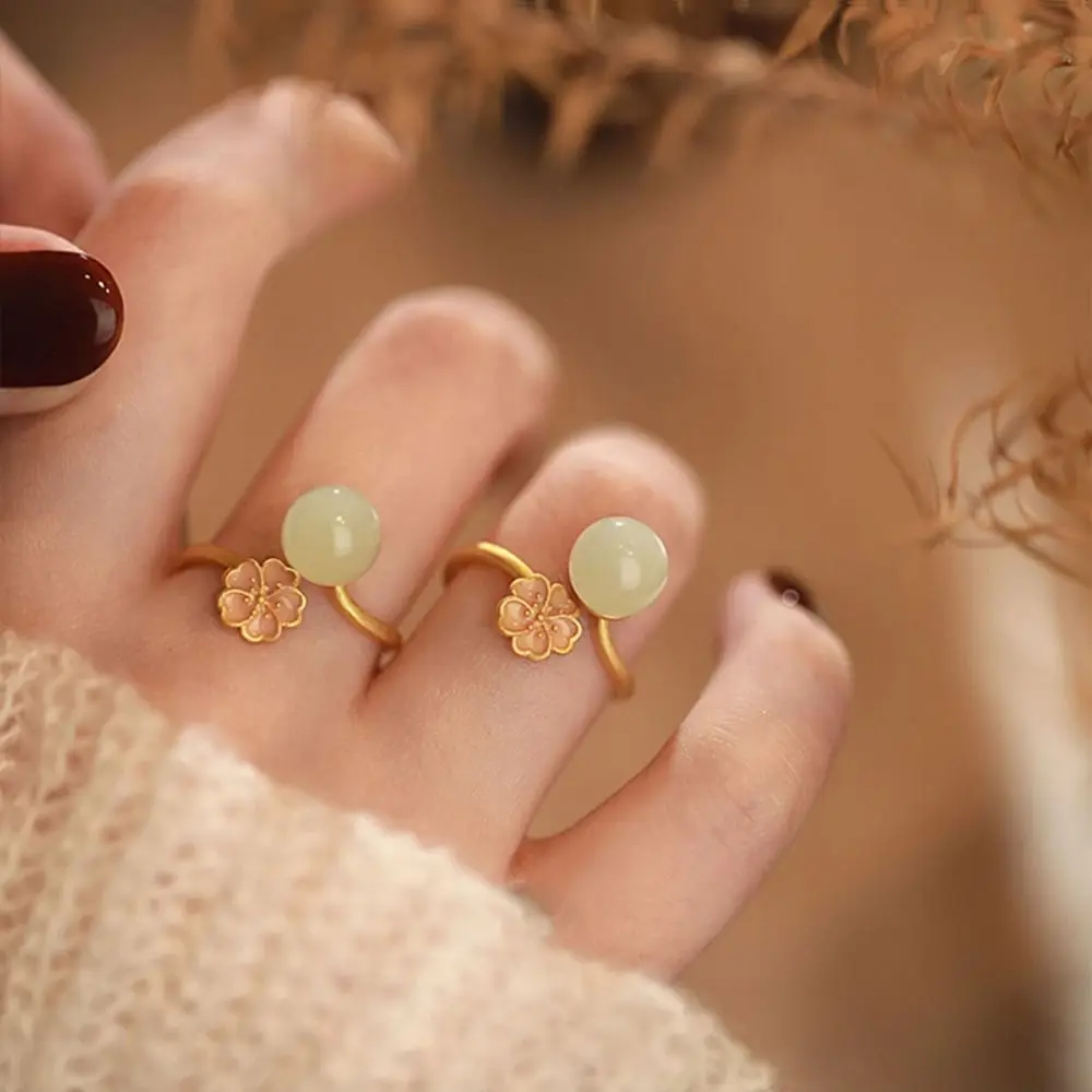 

Chinese Style Hetian Jade Knot Ring Women Retro Flower Opening Ring Elegant Adjustable Ring Anniversary Gift Fashion Jewelry